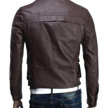 Men's Slim Fit Cargo Pockets Leather Jacket