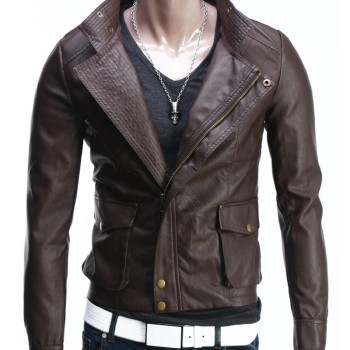 Men's Slim Fit Cargo Pockets Leather Jacket