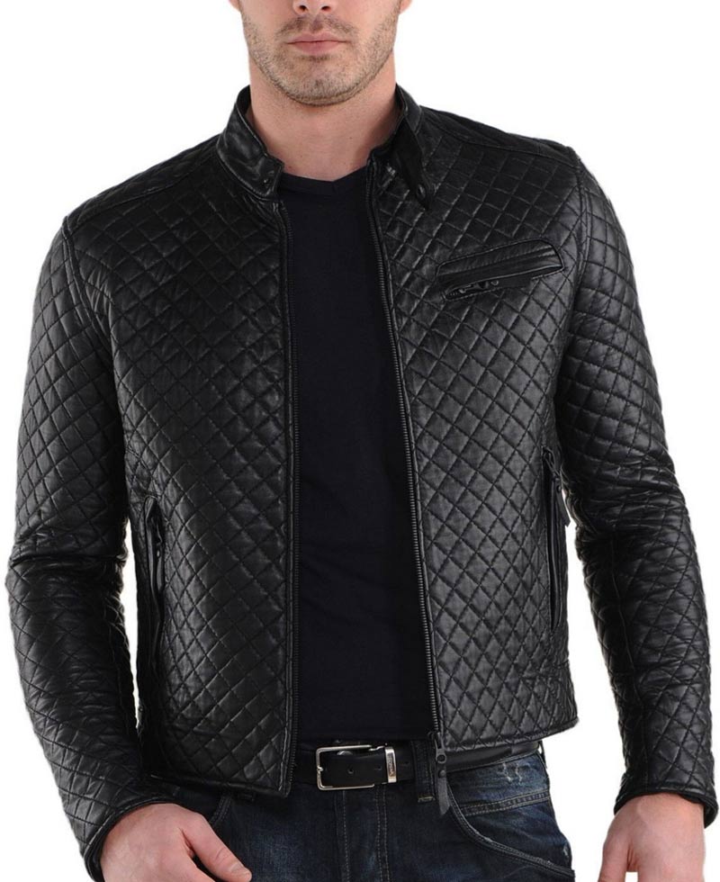 Men's Slim Fit Casual Wear Black Leather Quilted Jacket