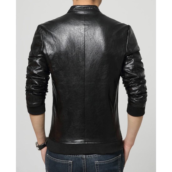 Men's Slim Fit Snap Tab Collar Casual Wear Faux Leather Jacket