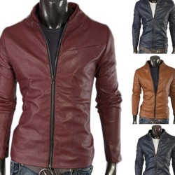 Men's Slim Fit Stand Collar Multi Colors Leather Jacket