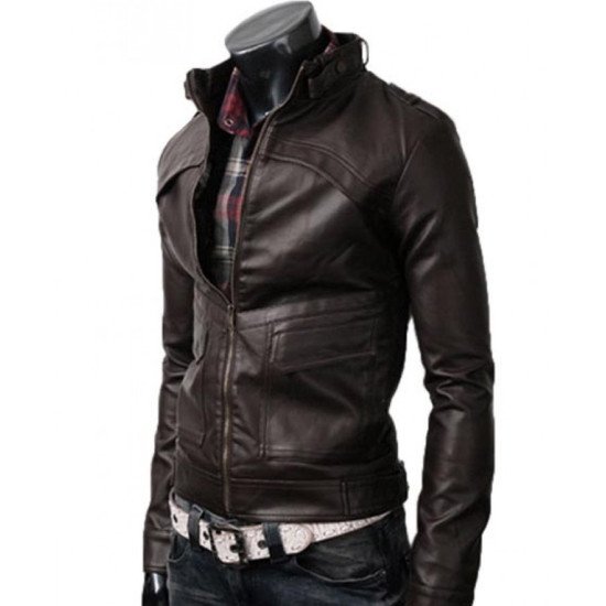 Men's Slim Fit Strap Collar Leather Jacket
