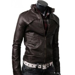 Men's Slim Fit Strap Collar Leather Jacket