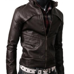 Men's Slim Fit Strap Collar Brown Leather Jacket