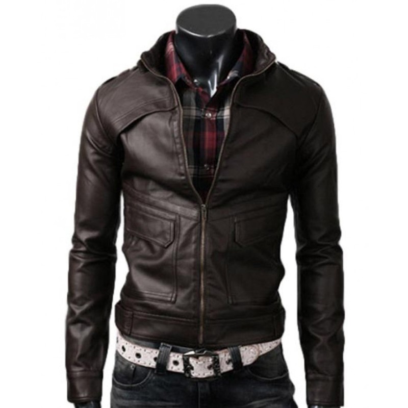 Men's Slim Fit Strap Collar Leather Jacket Men's Slim Fit Strap Collar Leather Jacket