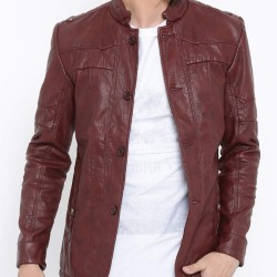 Men's Casual Wear Burgundy Faux Leather Jacket