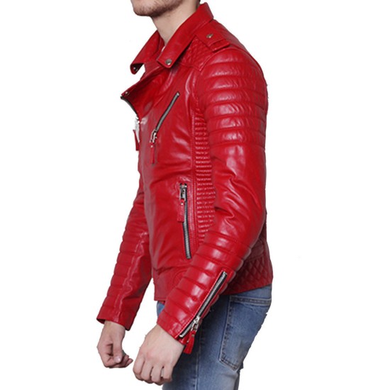Men's Asymmetrical Style Slim Fit Padded Red Leather Moto Jacket