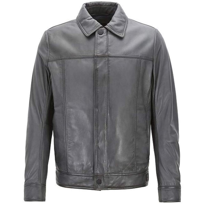 Men's Slim Fit Trucker Grey Leather Jacket