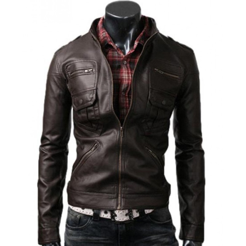 Men's Slim Fit Zipper Pocket Leather Jacket Men's Slim Fit Zipper Pocket Leather Jacket