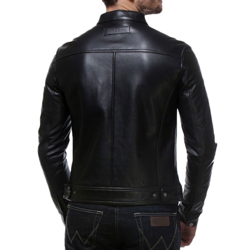 Men's Casual Snap Tab Collar Real Black Leather Jacket Men's Casual Snap Tab Collar Real Black Leather Jacket