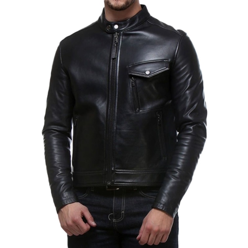 Men's Casual Snap Tab Collar Real Black Leather Jacket