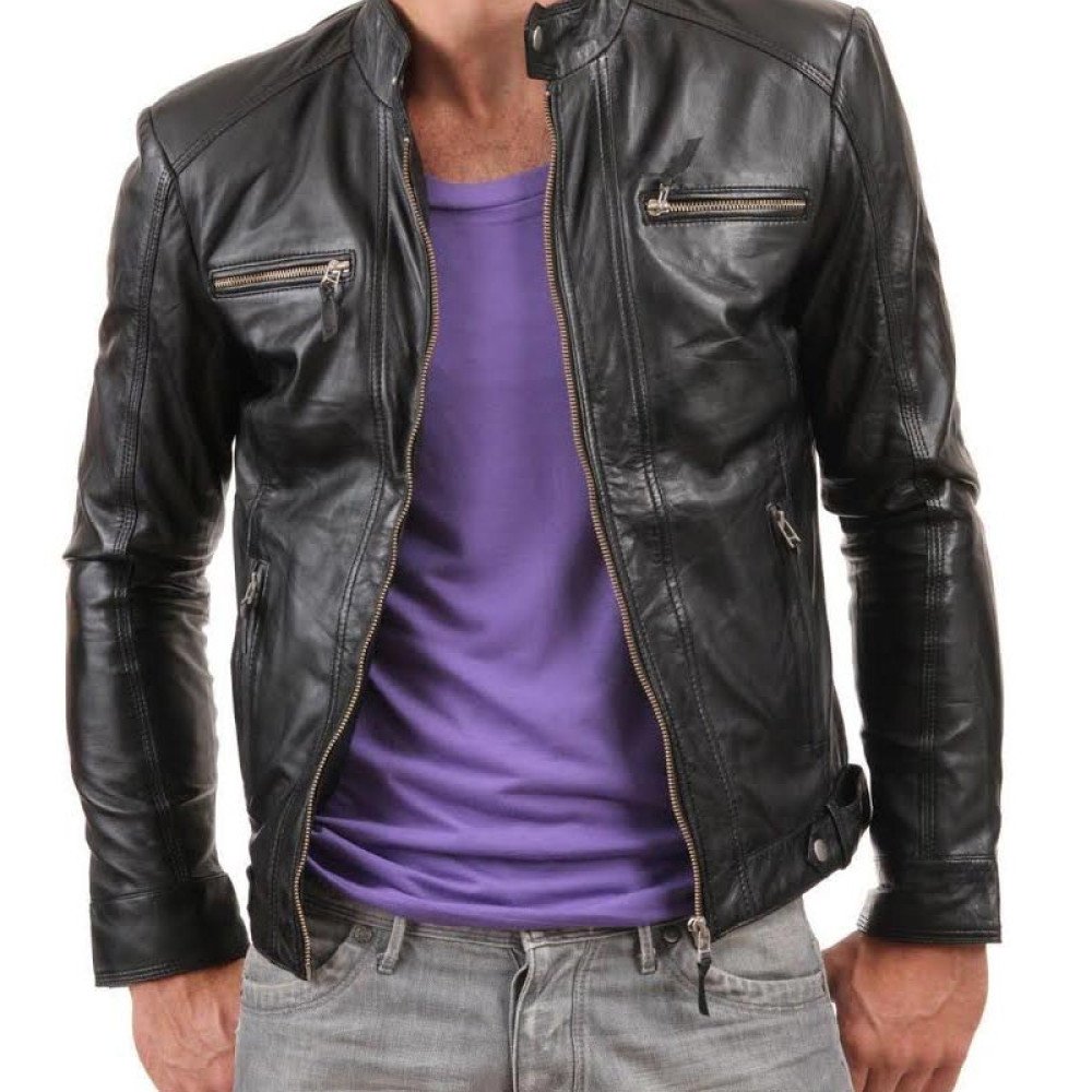 Men's Snap Button Causal Black Leather Jacket - Films Jackets