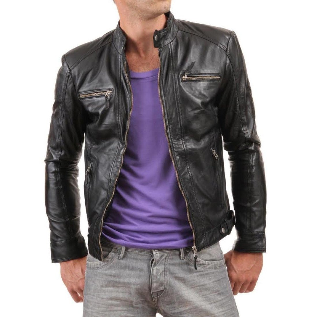 Men's Snap Button Causal Black Leather Jacket - Films Jackets