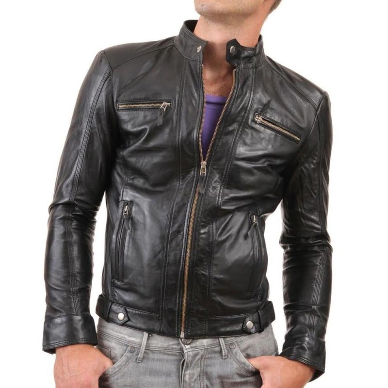 Men's Causal Snap Button Black Leather Jacket Men's Causal Snap Button Black Leather Jacket