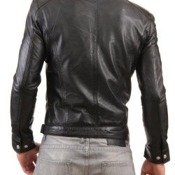 Men's Causal Snap Button Black Leather Jacket
