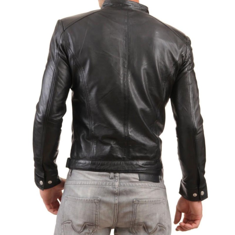 Men's Causal Snap Button Black Leather Jacket Men's Causal Snap Button Black Leather Jacket