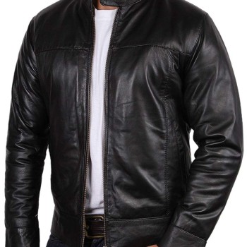 Men's Simple Look Snap Tab Collar Black Leather Jacket