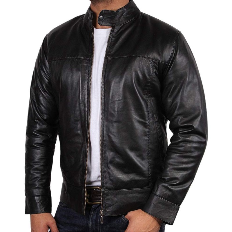 Men's Simple Look Snap Tab Collar Black Leather Jacket Men's Simple Look Snap Tab Collar Black Leather Jacket