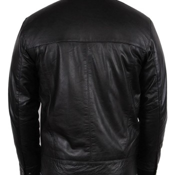 Men's Simple Look Snap Tab Collar Black Leather Jacket