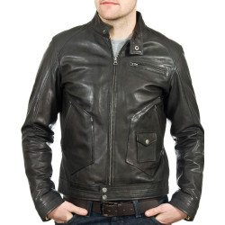 Men's Snap Tab Collar Slate Black Leather Jacket