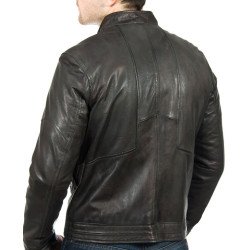 Men's Snap Tab Collar Slate Black Leather Jacket