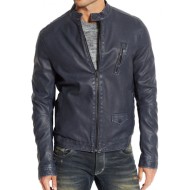 Men's Motorcycle Snap Tab Collar Blue Leather Jacket
