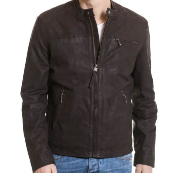 Men's Simple Look Snap Tab Collar Brown Leather Jacket
