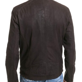 Men's Simple Look Snap Tab Collar Brown Leather Jacket