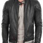 Men's Quilted Shoulder Design Snap Tab Collar Black Leather Jacket