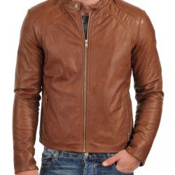 Men's Simple Casual Snap Tab Collar Brown Leather Jacket