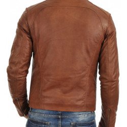 Men's Simple Casual Snap Tab Collar Brown Leather Jacket