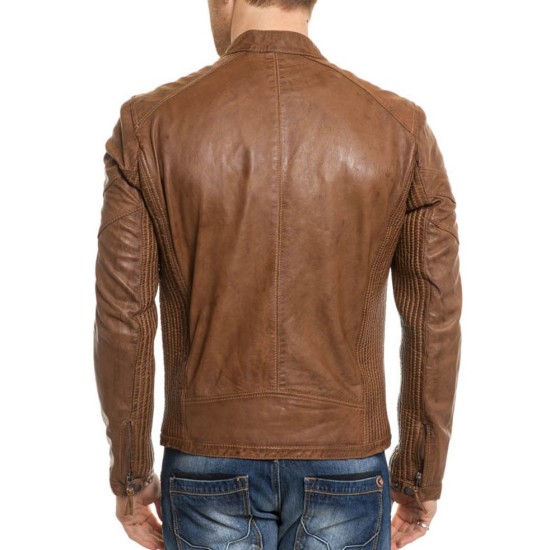 Men's Snap Tab Collar Biker Real Brown Leather Jacket