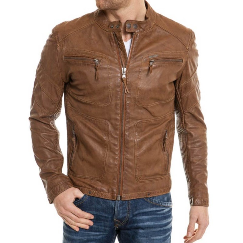 Men's Snap Tab Collar Biker Real Brown Leather Jacket Men's Snap Tab Collar Biker Real Brown Leather Jacket