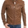 Men's Snap Tab Collar Biker Real Brown Leather Jacket