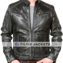 Men's Charcoal Stand Collar Black Leather Biker Jacket