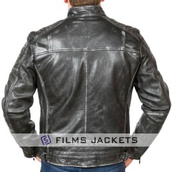 Men's Charcoal Stand Collar Black Leather Biker Jacket