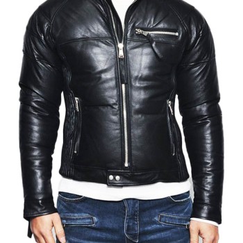 Men's Biker Style Down Stand Collar Leather Jacket