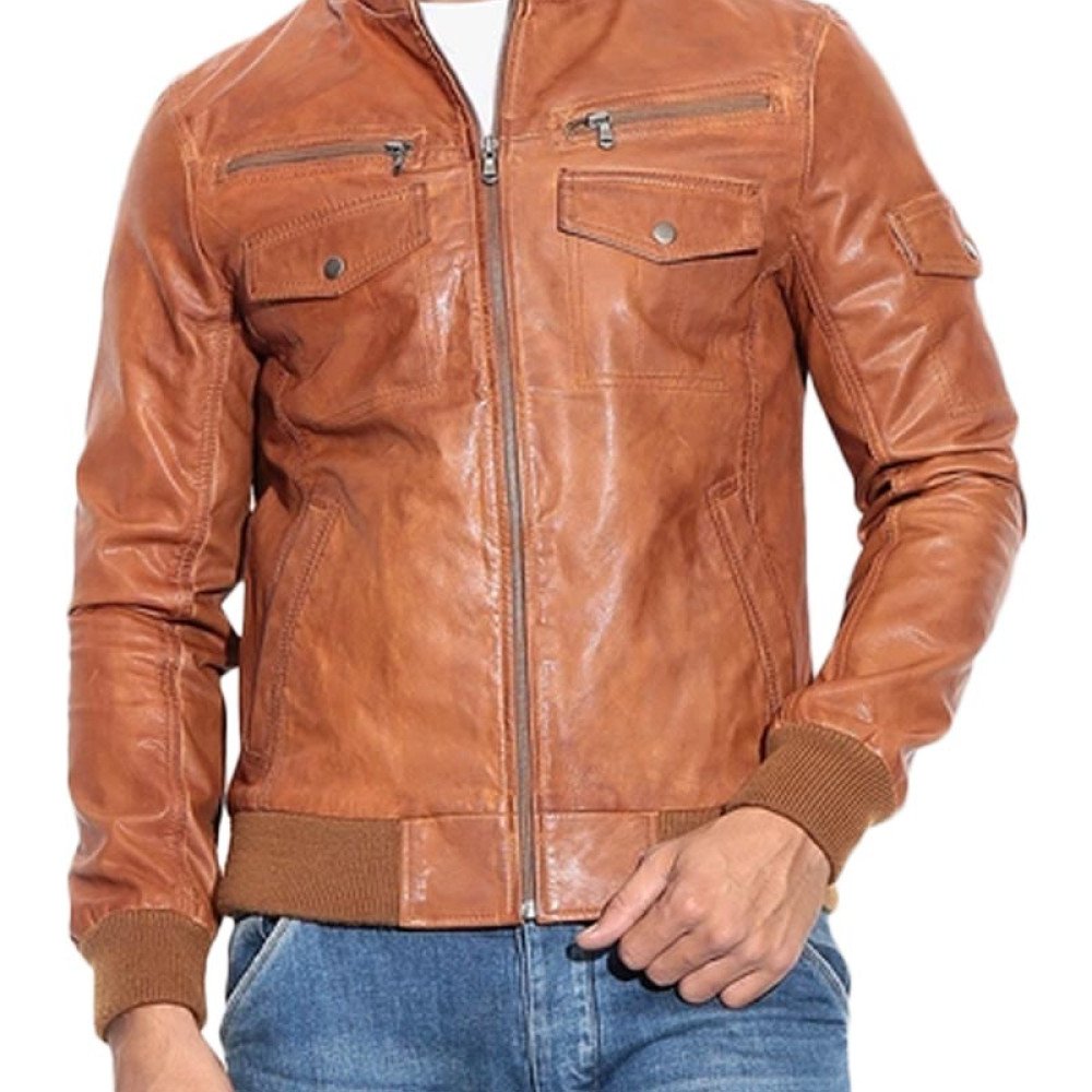 Men's Stand Collar Tan Brown Leather Bomber Jacket - Films Jackets