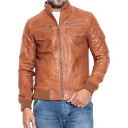 Men's Stand Collar Bomber Tan Brown Leather Jacket