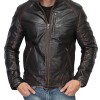 Men's Stand Collar Waxed Design Motorcycle Black Leather Jacket