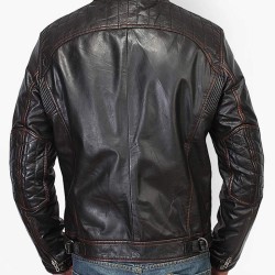 Men's Stand Collar Waxed Design Motorcycle Black Leather Jacket