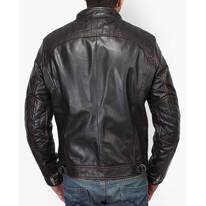 Men's Stand Collar Waxed Design Motorcycle Black Leather Jacket Men's Stand Collar Waxed Design Motorcycle Black Leather Jacket