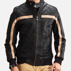 Men's Striped Diamond Quilted Bomber Black Leather Jacket