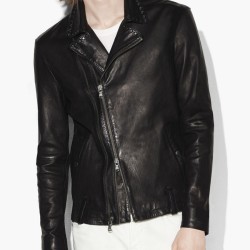 Men's Asymmetrical Studded Collar Black Leather Moto Jacket