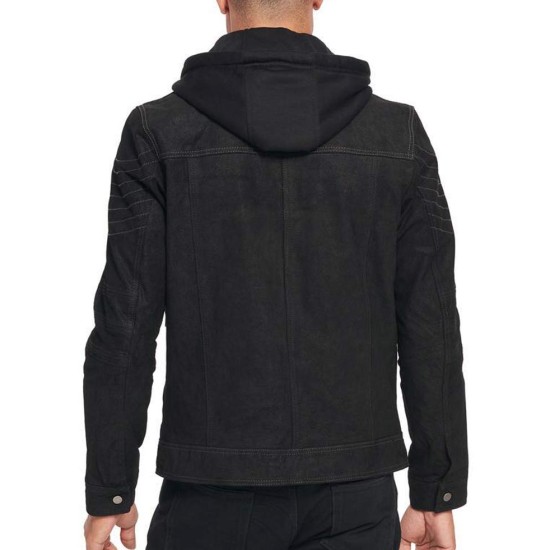 Men's Suede Black Leather Hooded Jacket