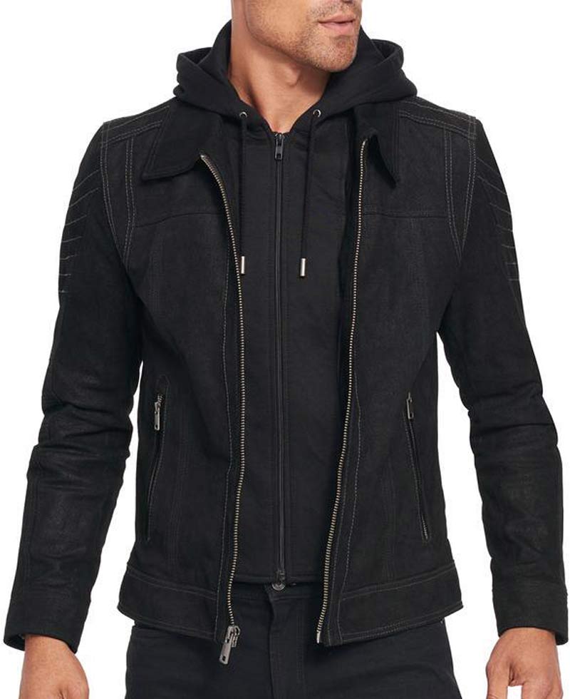 Mens Hooded Leather Denim Jacket