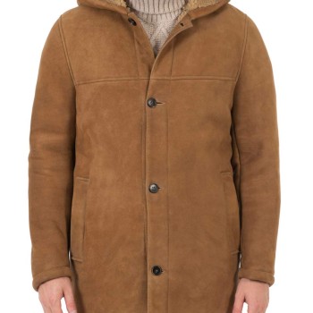 Men's Suede Brown Faux Shearling Coat with Hoodie