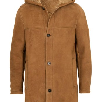 Men's Suede Brown Faux Shearling Coat with Hoodie