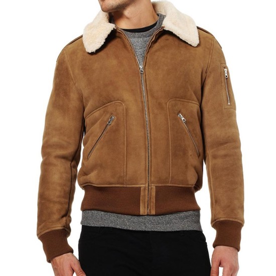 Men's Suede Leather Brown Shearling Jacket with Fur Collar - Films Jackets