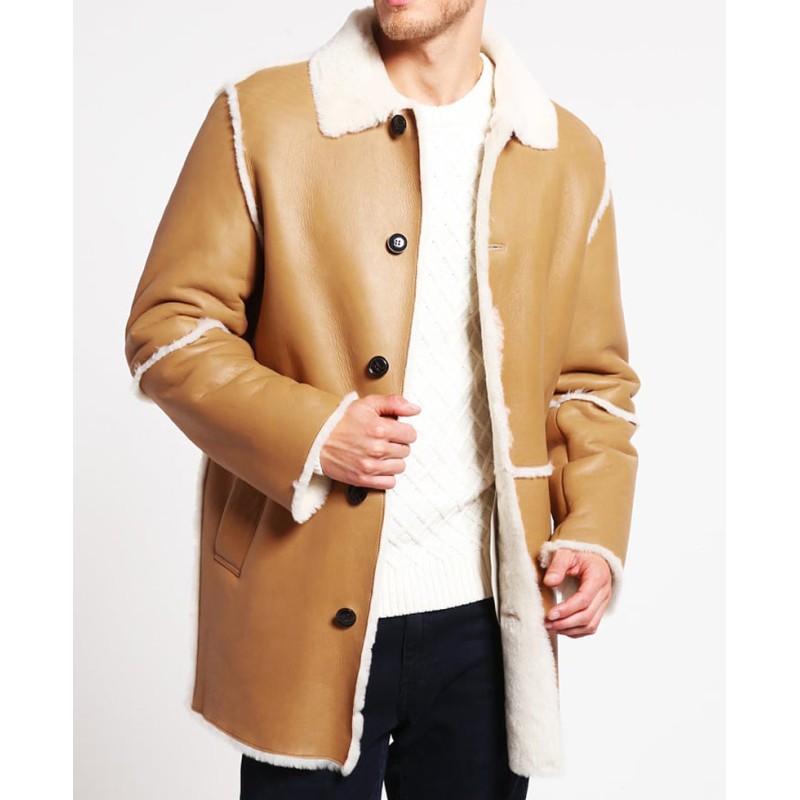 Men's Car Tan Brown Leather Shearling Coat Men's Car Tan Brown Leather Shearling Coat